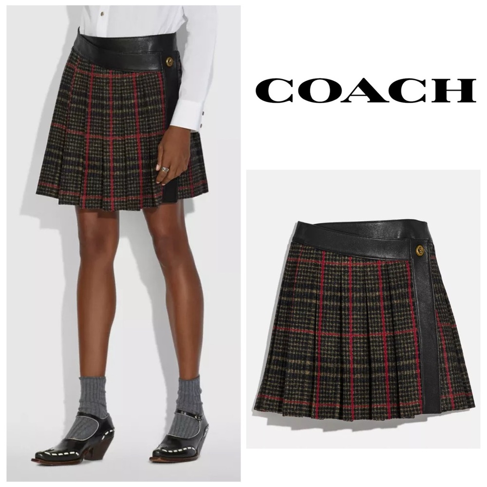 Coach Wrap Wool and Leather Tartan Mini Skirt - Black, Tan and Red